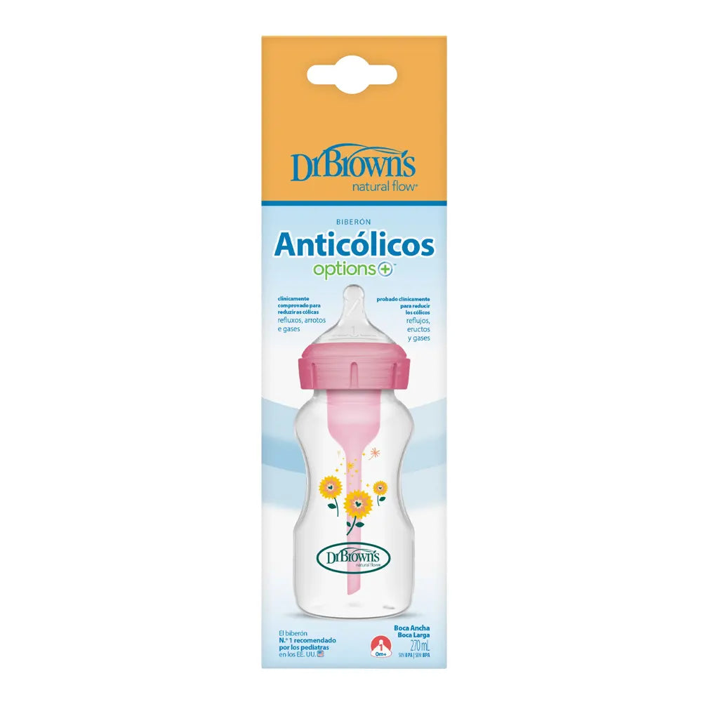 Dr. Brown’s Options+ Anti-Colic Baby Bottle, Wide Neck, Pink, 270 ml