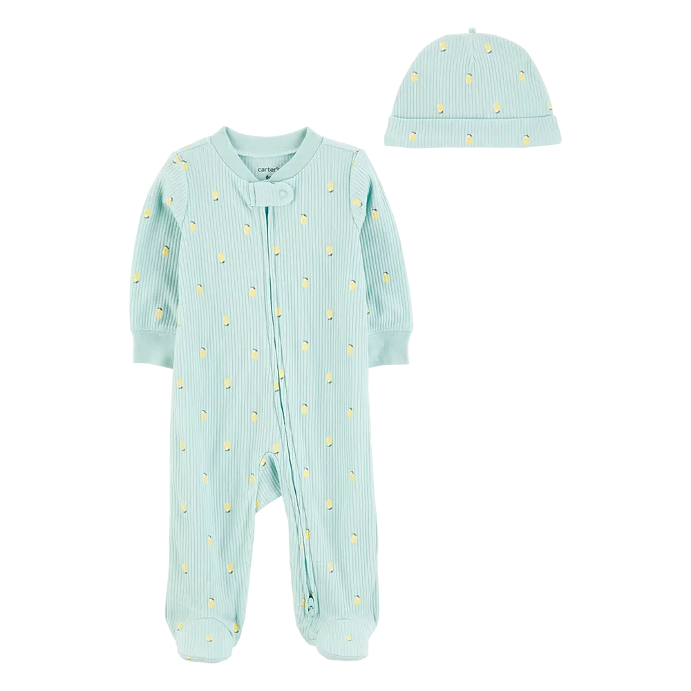 Ensemble pyjama zippé et bonnet citron bébé fille