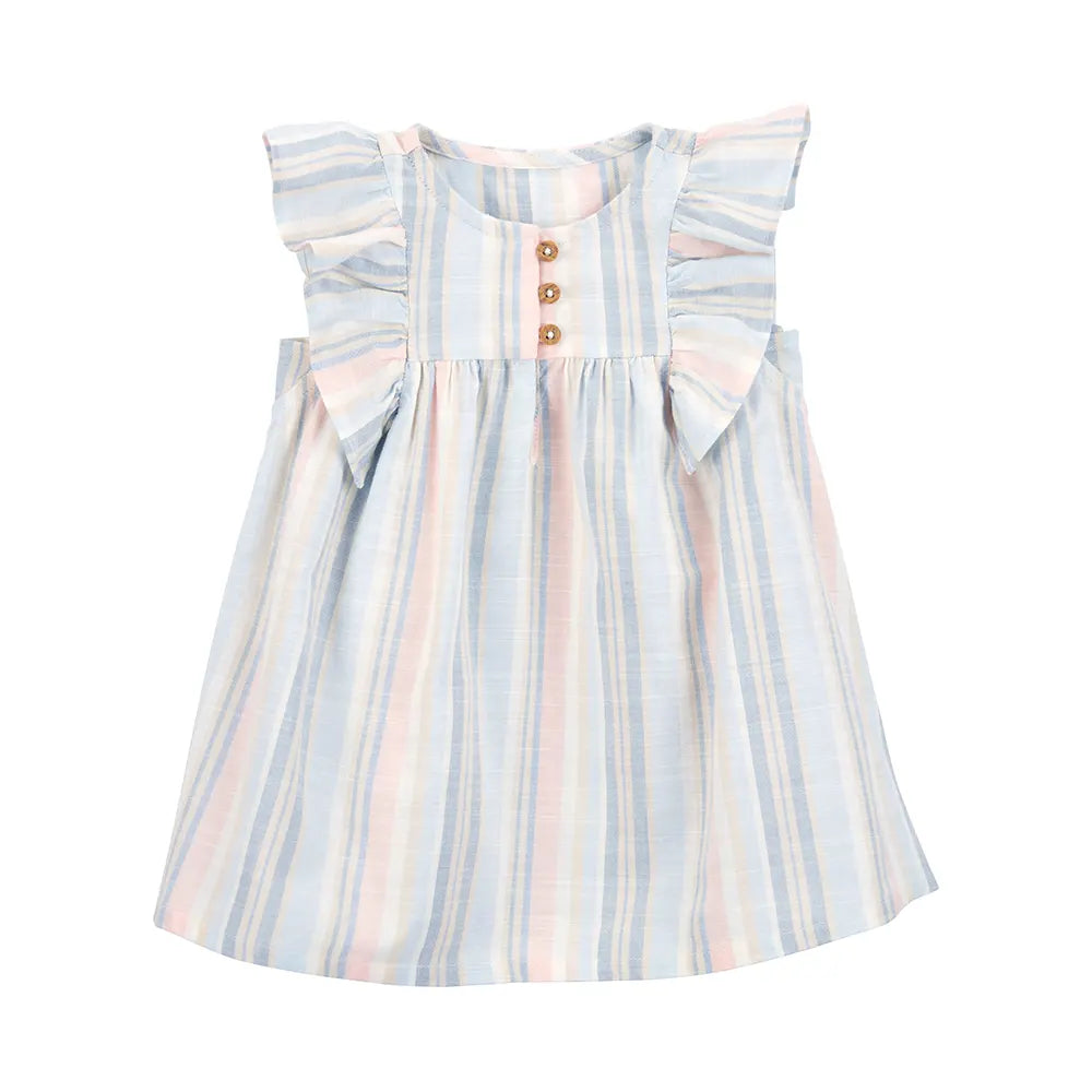 Robe rayée imitation lin manches papillon bébé fille