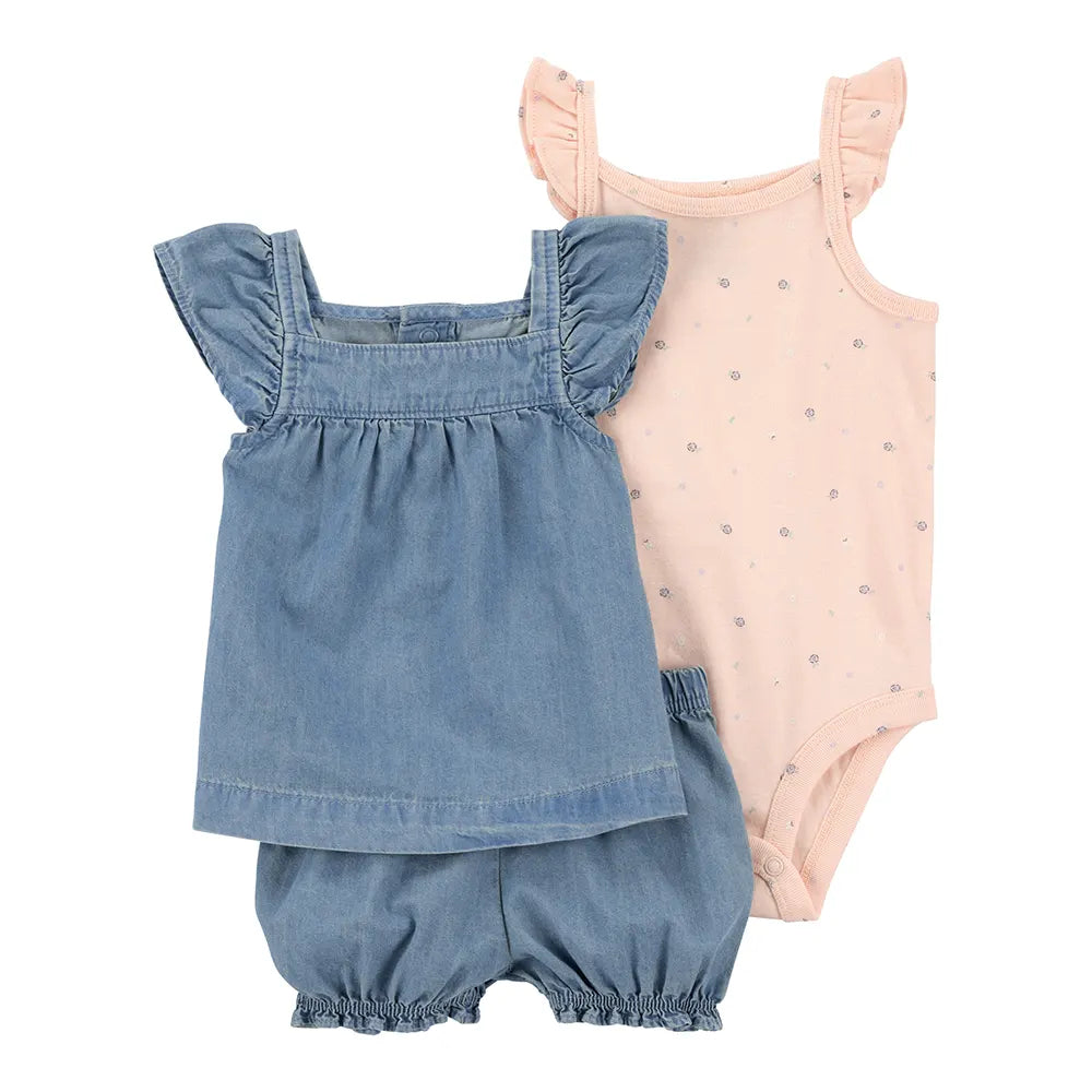 Ensemble 3 pièces en chambray pour bébé fille