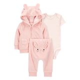 Ensemble 3 pièces cardigan lapin bébé fille - Rose