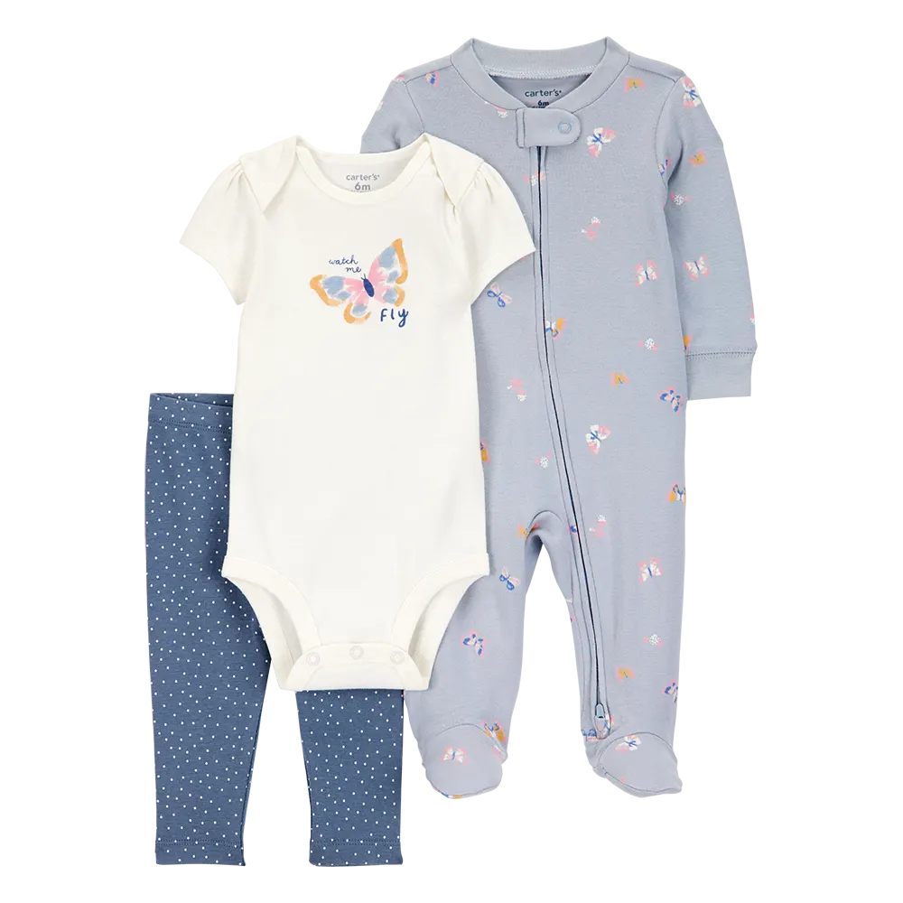 Ensemble 3 pièces papillon bébé fille - Coton