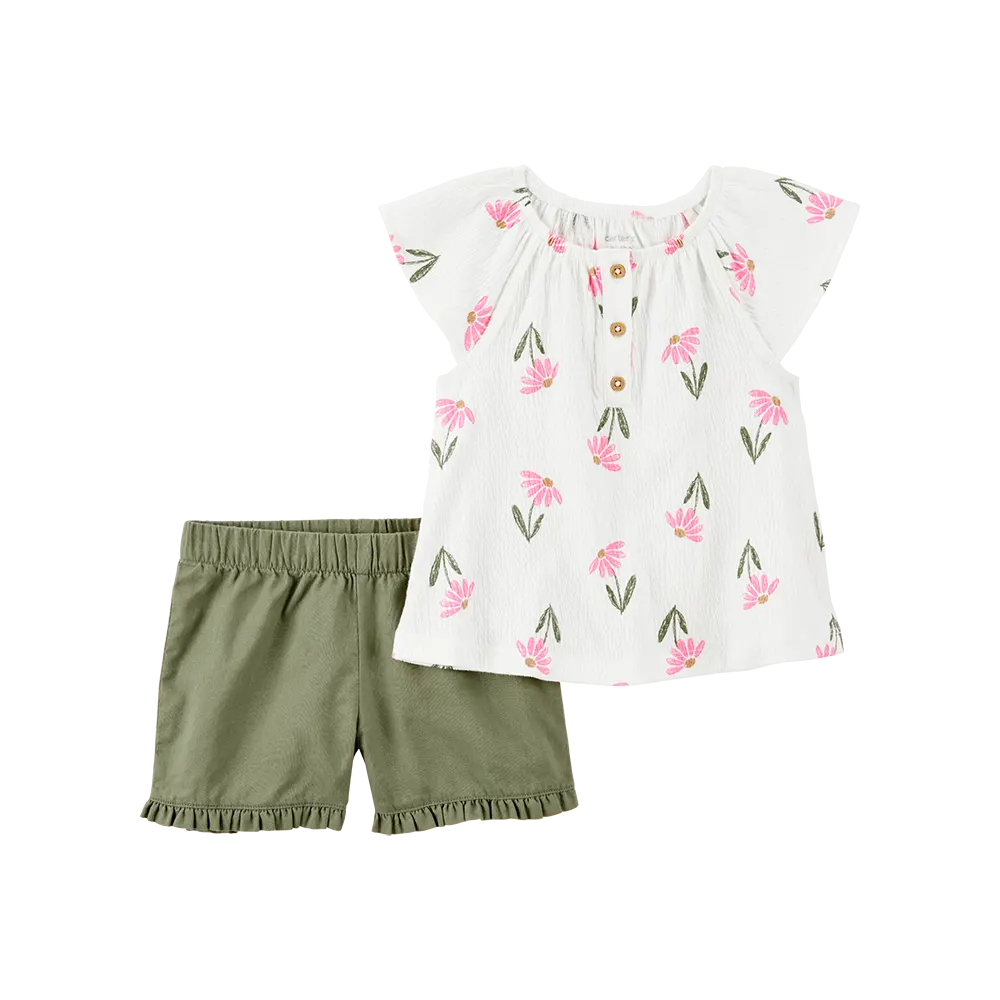Ensemble haut fleuri et short fille - Vert
