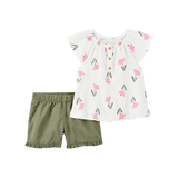 Ensemble haut fleuri et short fille - Vert