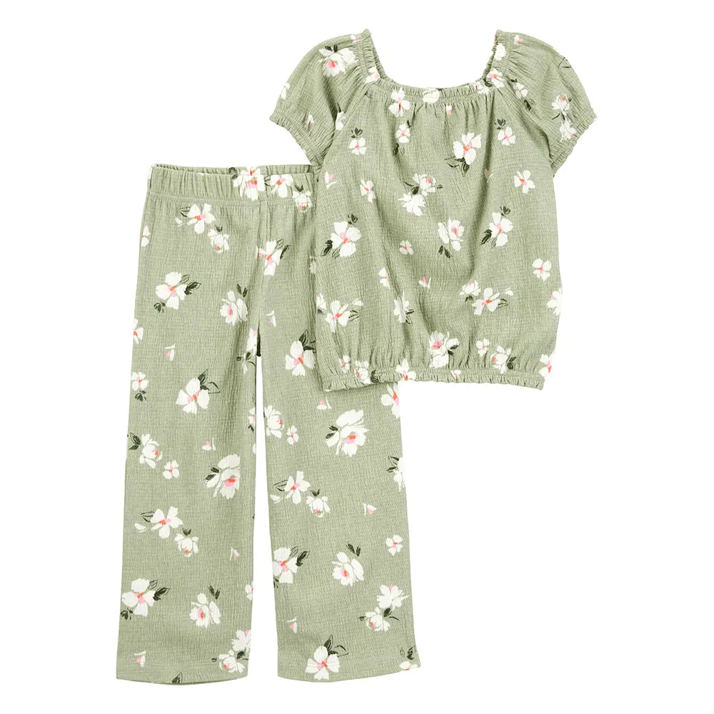 Ensemble haut et pantalon fleuri fille - Vert