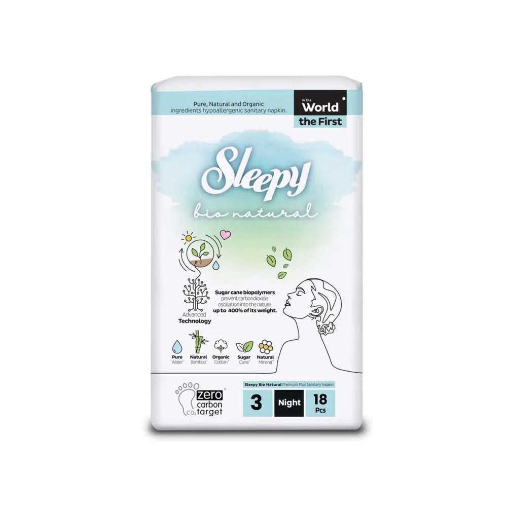 Sleepy Bio Natural Premium Serviettes Hygiéniques 3 Nuit - 18 Pièces