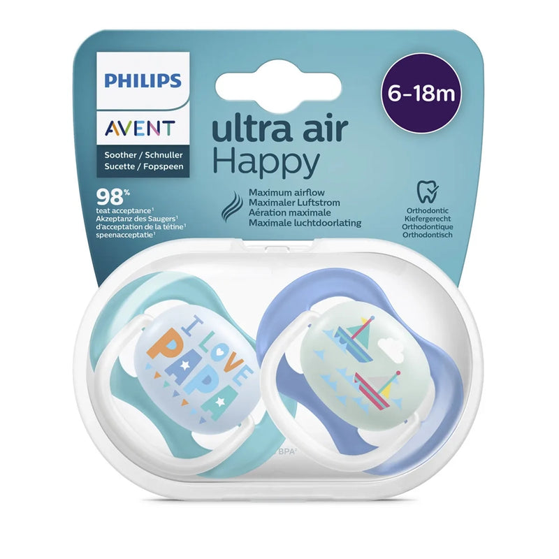 Chupetes ortodóncicos Avent Ultra Air Happy para niños de 6 a 18 meses (paquete de 2)