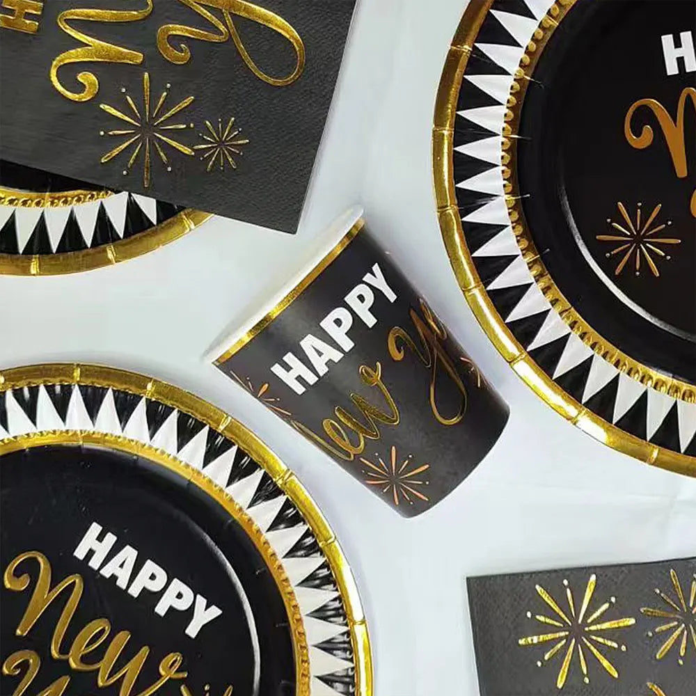 Lot de 8 gobelets papier Happy New Year doré et noir - vue 3