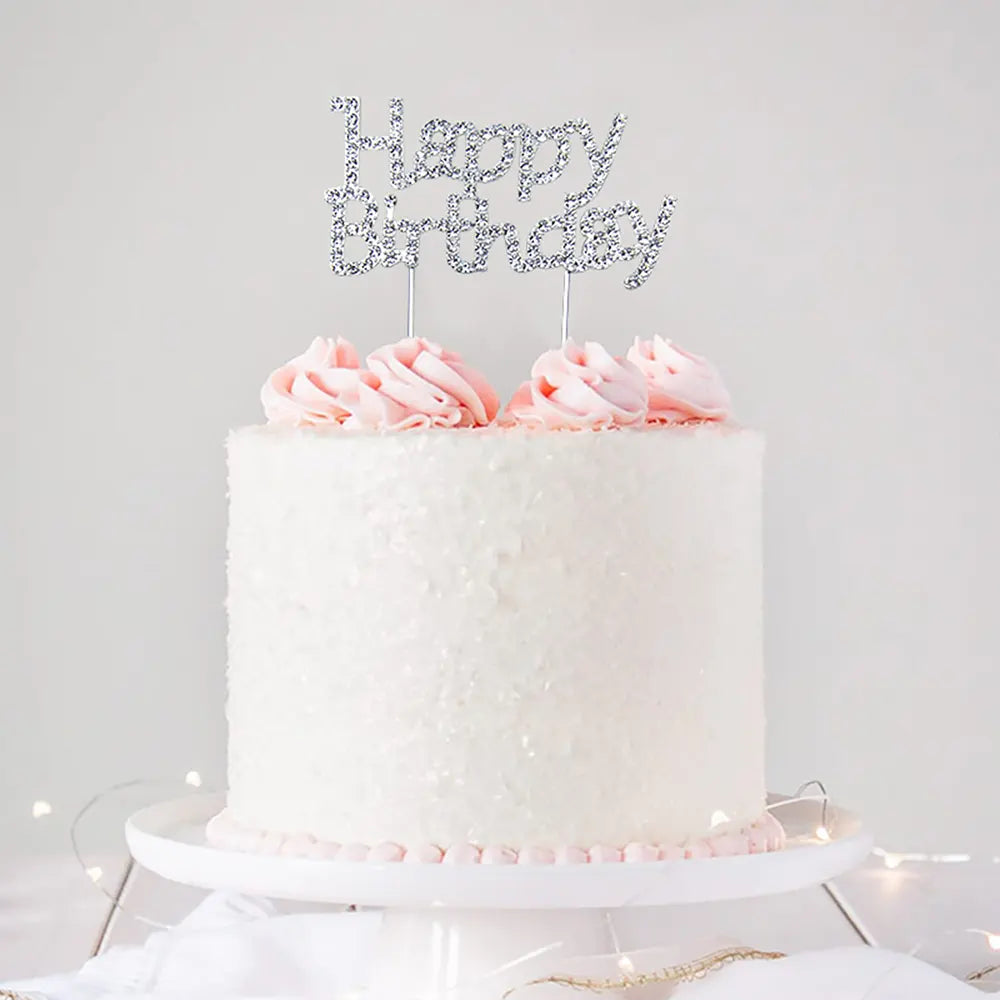 Happy Birthday Cake Topper - Metal and Rhinestones - Silver