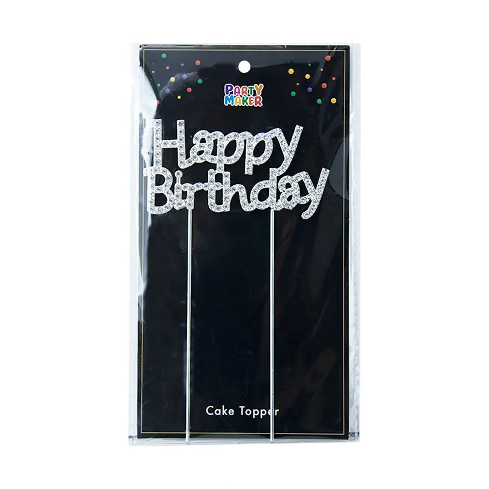 Happy Birthday Cake Topper - Metal and Rhinestones - Silver