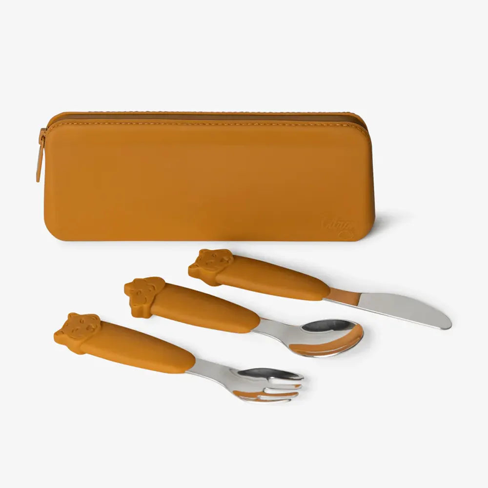 Citron Silicone Cutlery Set with Pouch - Tiger Caramel