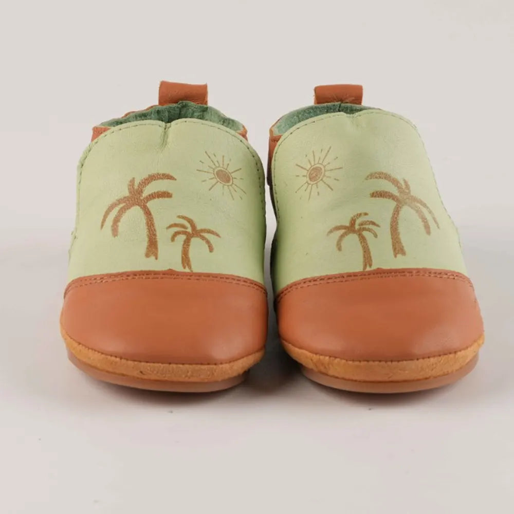 Cuteshez Leather Baby Slippers – Green Palm Tree