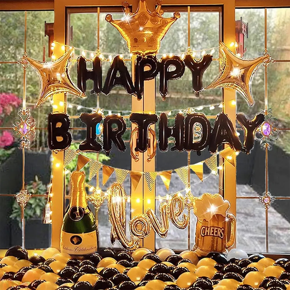 Ensemble de Ballons de décoration d'anniversaire en Noir - Happy Birthday