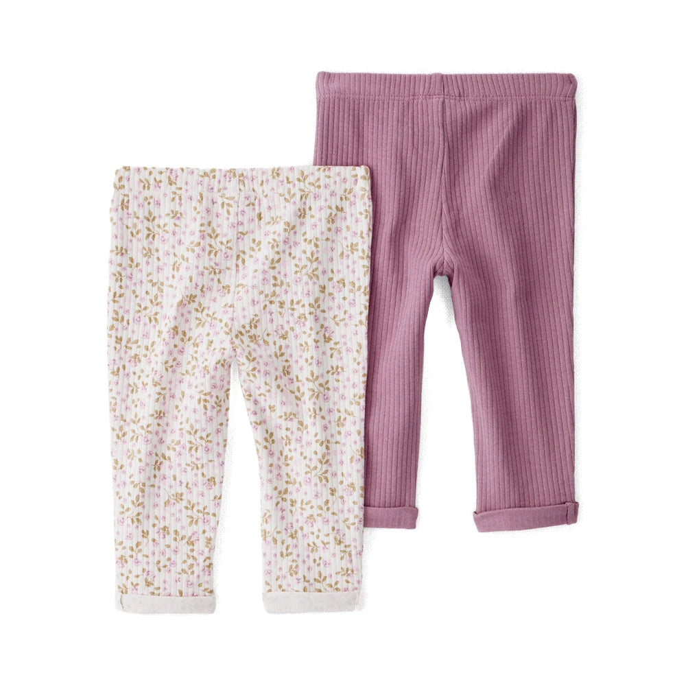 Lot de 2 Leggings Côtelés en Coton Bio Bébé Fille Little Planet - Fleurs Lilas