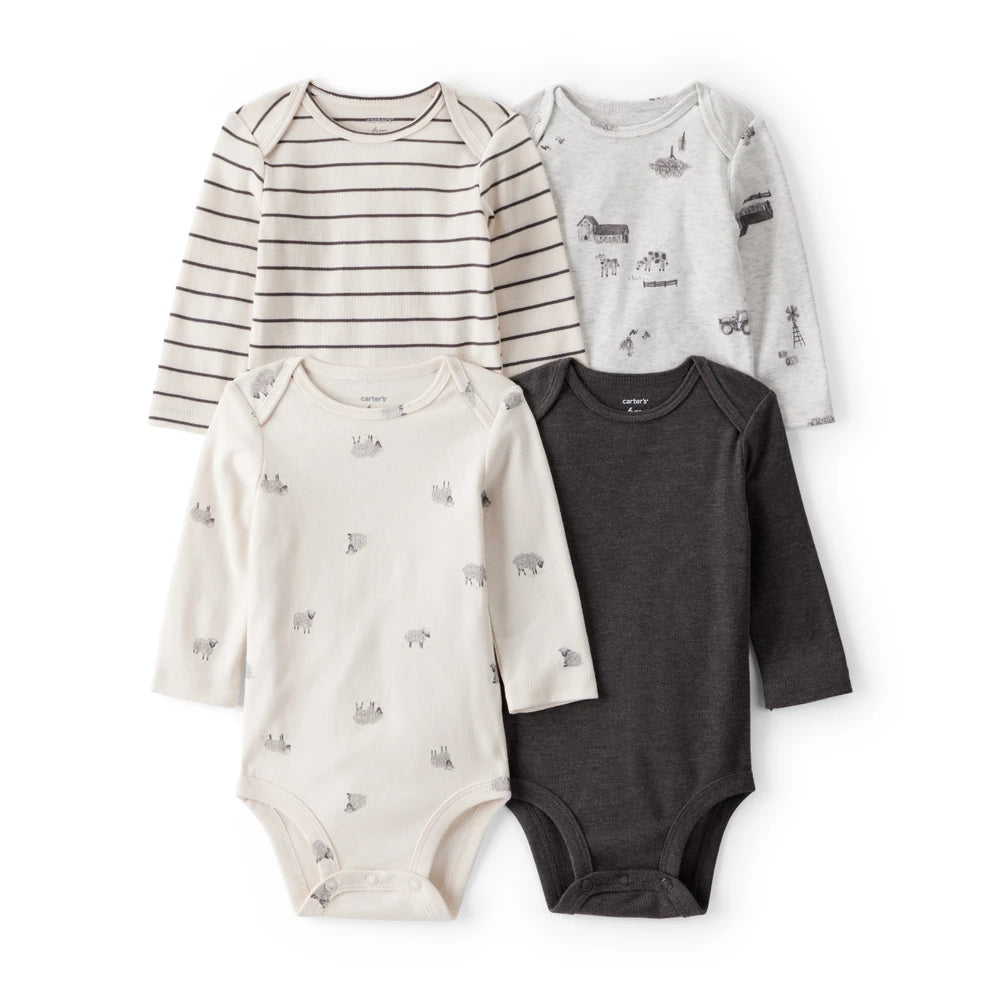 Lot de 4 Bodies à Manches Longues Moutons & Rayures Bébé Garçon Carter's - Blanc
