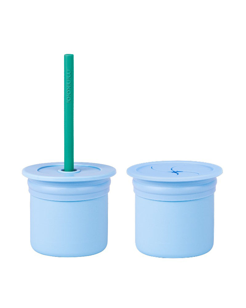 Gobelet 3 en 1 MINIKOIOI avec 2 couvercles et Paille en Silicone  – Bleu